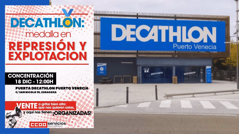 CCOO convoca una concentración el 18 de diciembre en el Decathlon de Puerto Venecia en Zaragoza